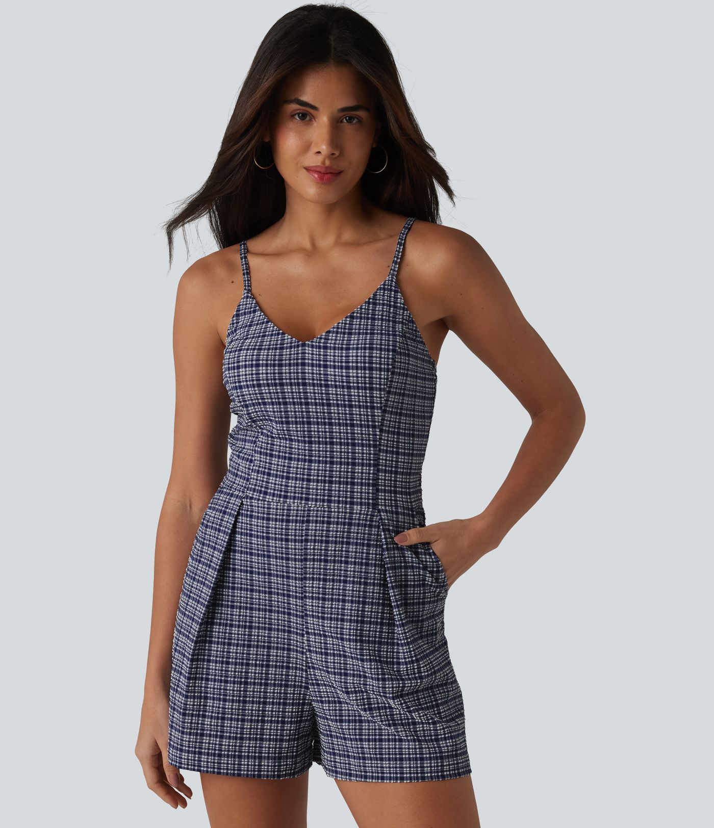 V-neck Sleeveless Plaid Crinkle Quick Dry Resort Romper with Pockets-Easy Peezy