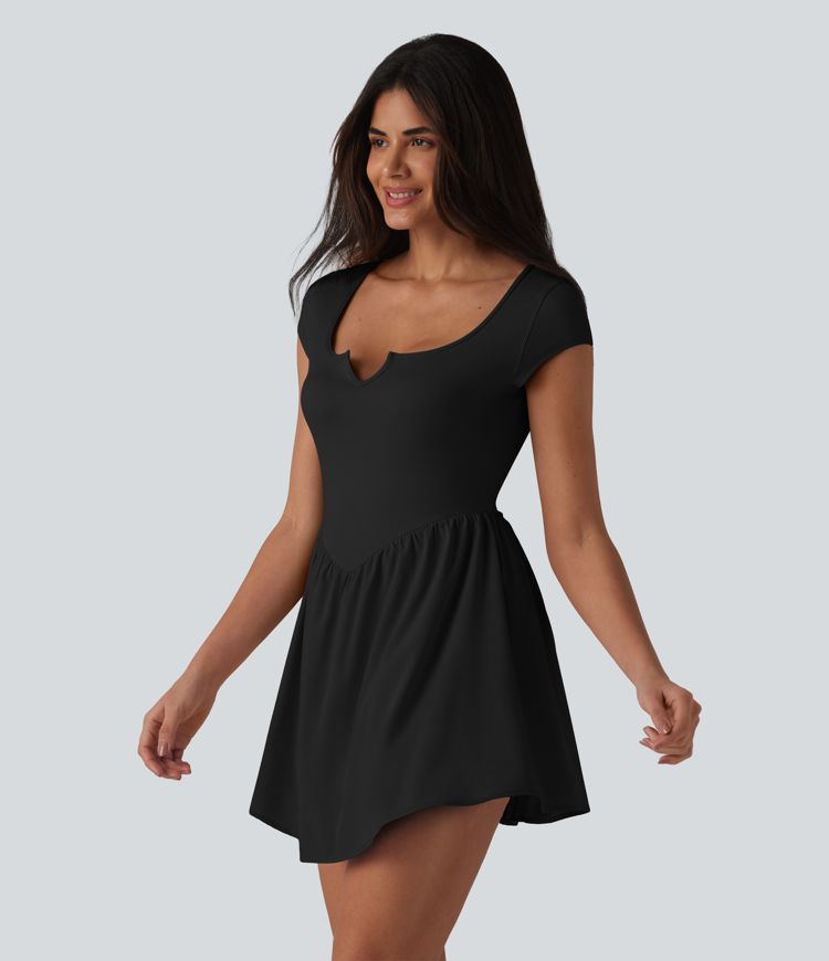 Notched Short Sleeve 2-in-1 Mini Tennis Active Dress with Pocket-Easy Peezy Edition