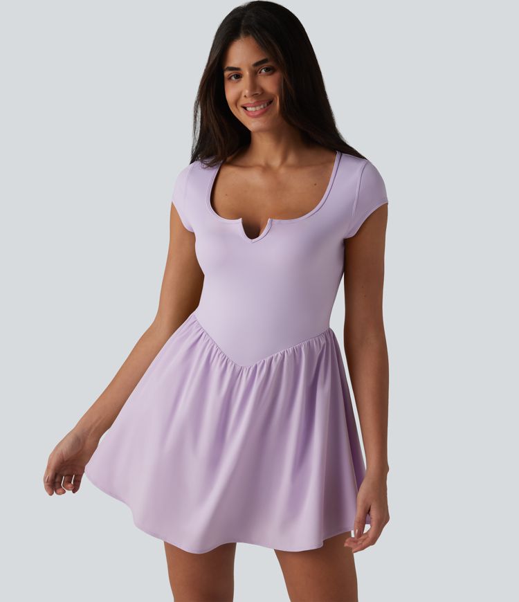 Notched Short Sleeve 2-in-1 Mini Tennis Active Dress with Pocket-Easy Peezy Edition