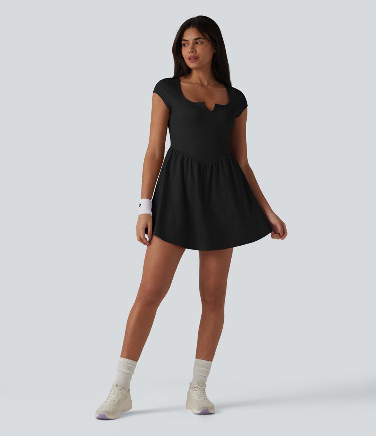 Notched Short Sleeve 2-in-1 Mini Tennis Active Dress with Pocket-Easy Peezy Edition