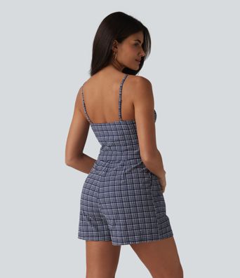 V-neck Sleeveless Plaid Crinkle Quick Dry Resort Romper with Pockets-Easy Peezy