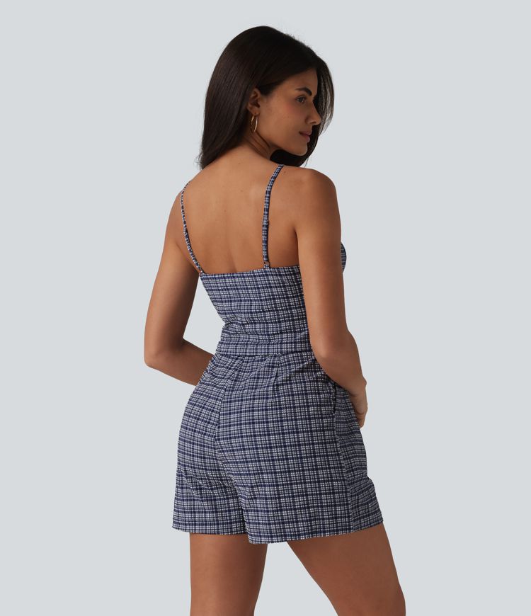 V-neck Sleeveless Plaid Crinkle Quick Dry Resort Romper with Pockets-Easy Peezy