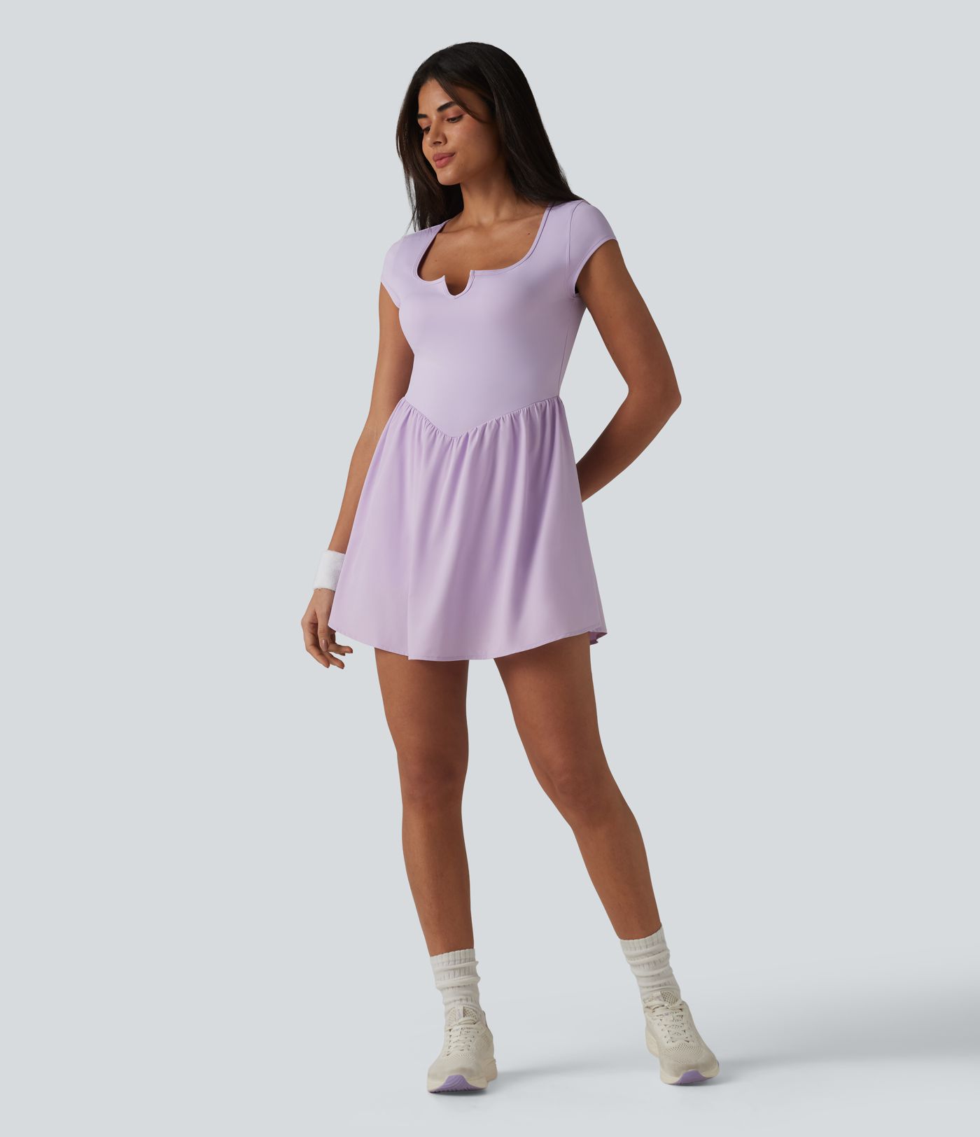 Notched Short Sleeve 2-in-1 Mini Tennis Active Dress with Pocket-Easy Peezy Edition