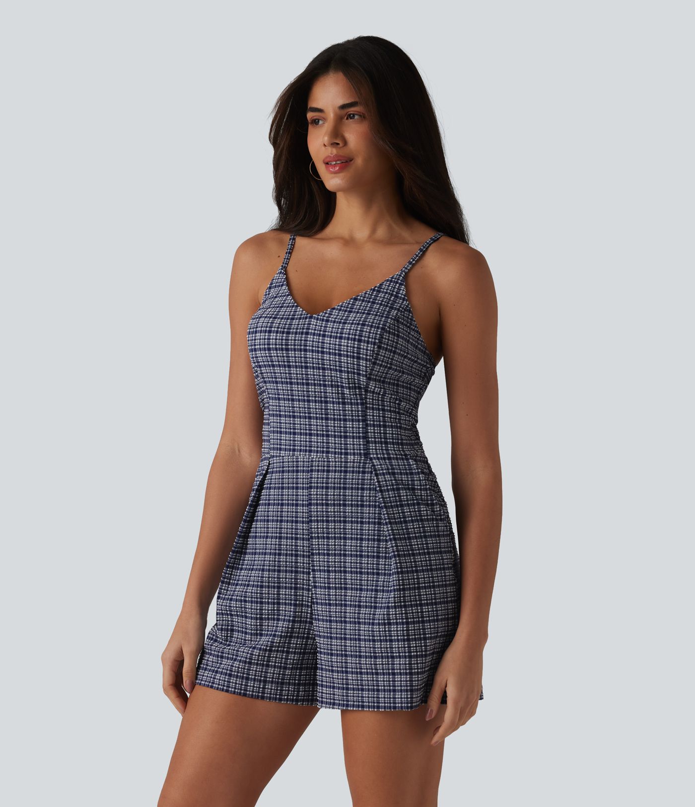 V-neck Sleeveless Plaid Crinkle Quick Dry Resort Romper with Pockets-Easy Peezy