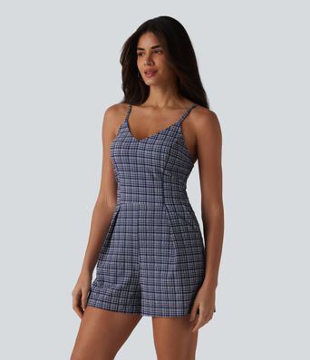 V-neck Sleeveless Plaid Crinkle Quick Dry Resort Romper with Pockets-Easy Peezy