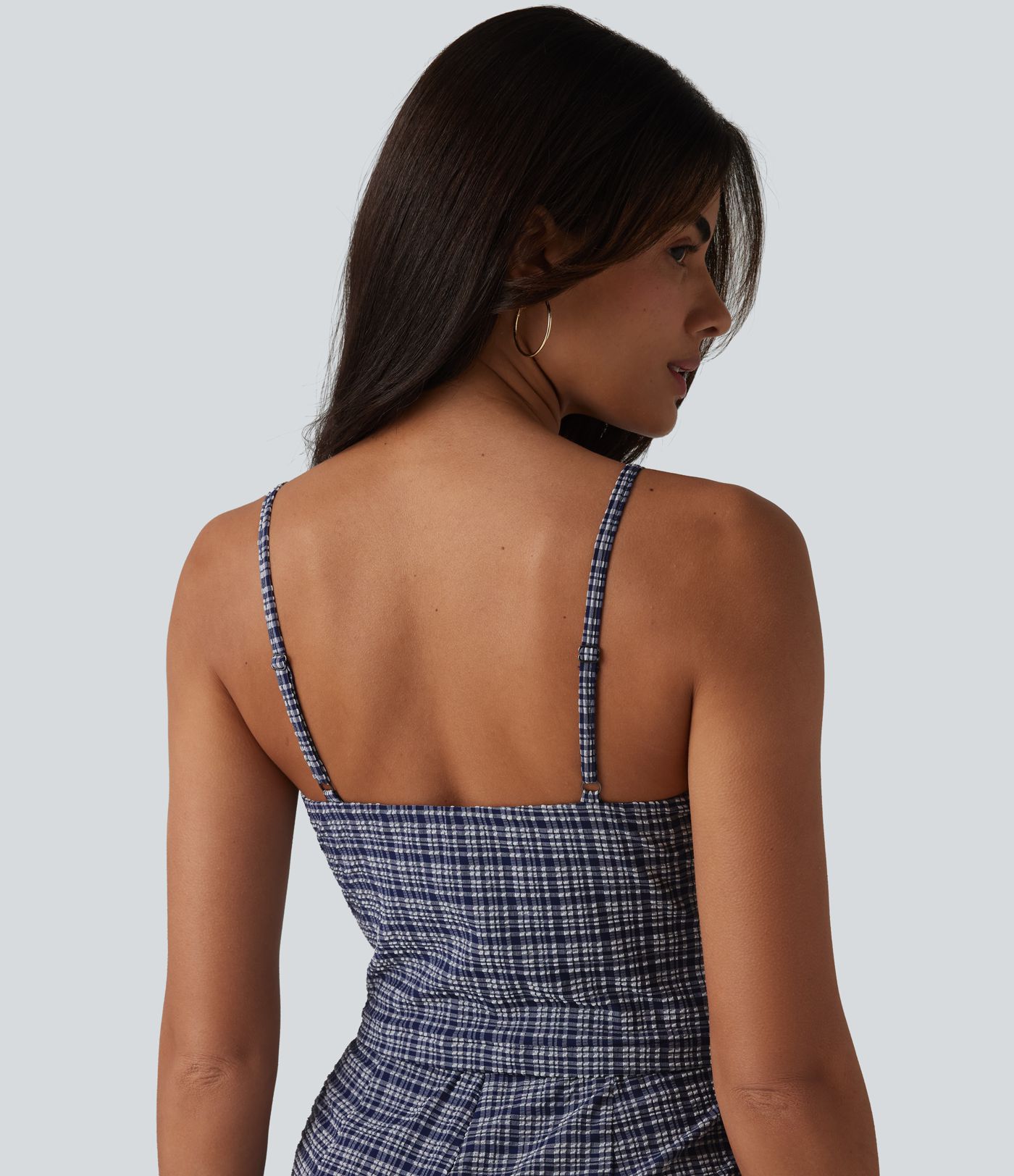 V-neck Sleeveless Plaid Crinkle Quick Dry Resort Romper with Pockets-Easy Peezy