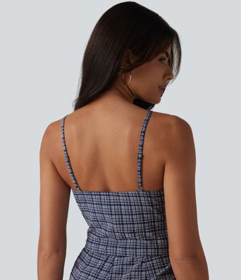 V-neck Sleeveless Plaid Crinkle Quick Dry Resort Romper with Pockets-Easy Peezy