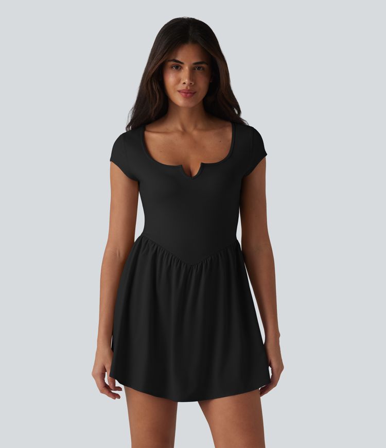Notched Short Sleeve 2-in-1 Mini Tennis Active Dress with Pocket-Easy Peezy Edition