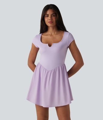 Notched Short Sleeve 2-in-1 Mini Tennis Active Dress with Pocket-Easy Peezy Edition