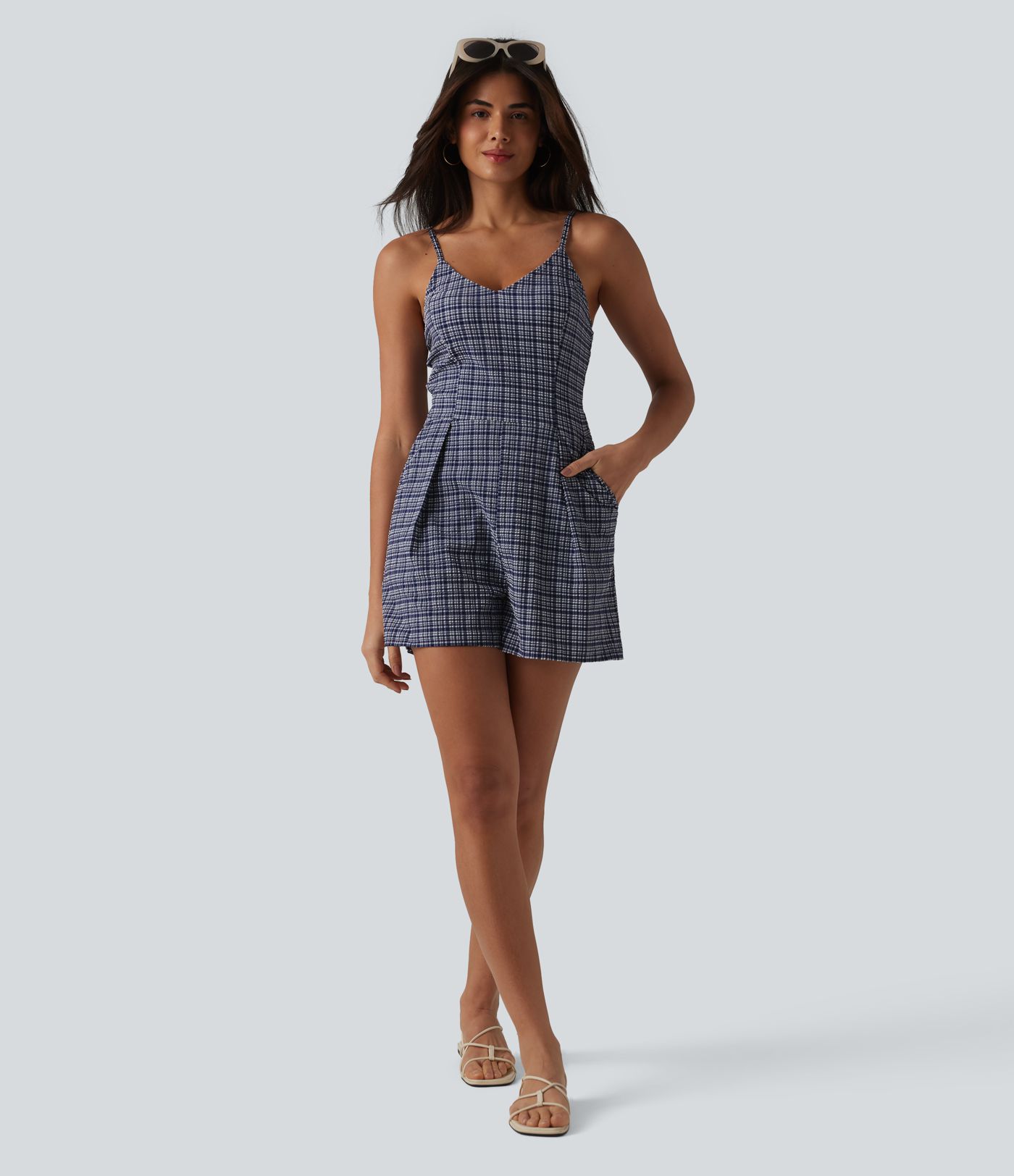 V-neck Sleeveless Plaid Crinkle Quick Dry Resort Romper with Pockets-Easy Peezy