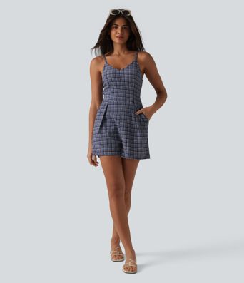 V-neck Sleeveless Plaid Crinkle Quick Dry Resort Romper with Pockets-Easy Peezy