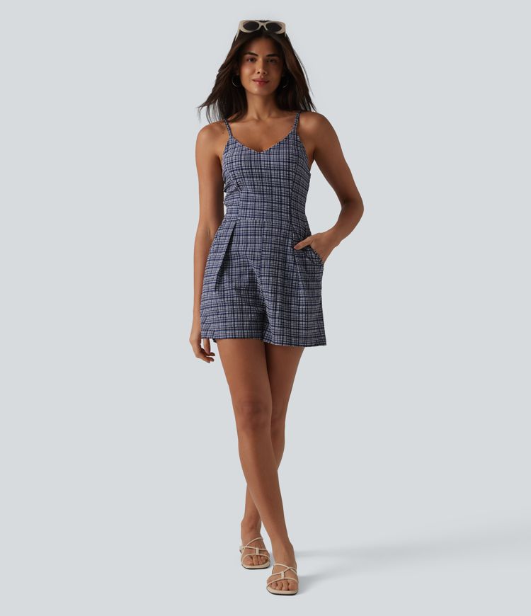 V-neck Sleeveless Plaid Crinkle Quick Dry Resort Romper with Pockets-Easy Peezy