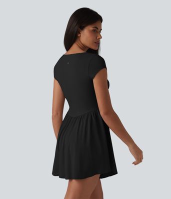 Notched Short Sleeve 2-in-1 Mini Tennis Active Dress with Pocket-Easy Peezy Edition