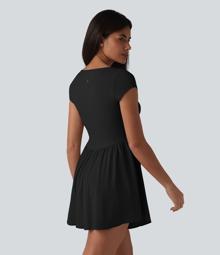 Notched Short Sleeve 2-in-1 Mini Tennis Active Dress with Pocket-Easy Peezy Edition