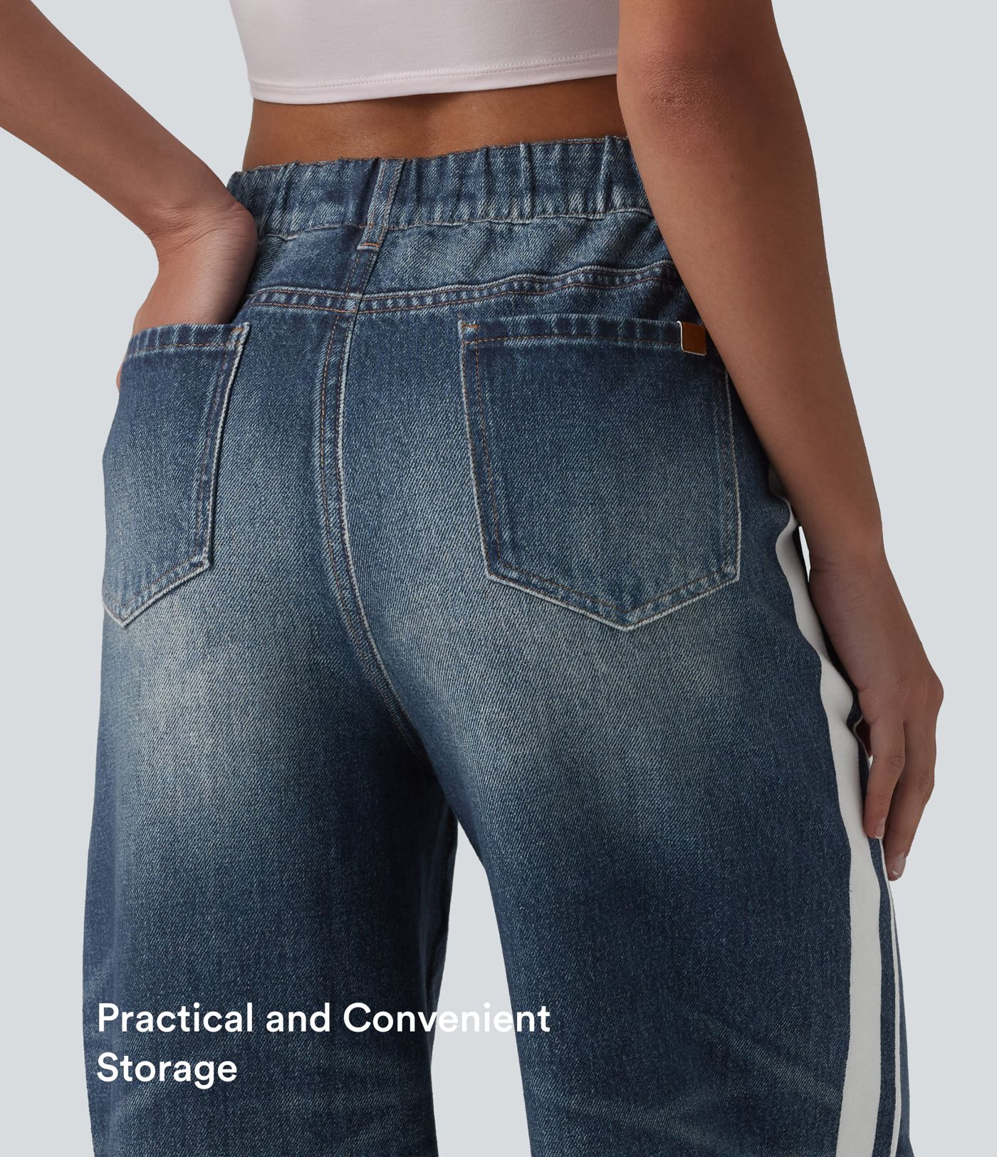 Mid Rise Denim Print French Terry Stripe Casual Sweatpants Jeans with Pockets