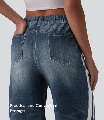 Mid Rise Denim Print French Terry Stripe Casual Sweatpants Jeans with Pockets