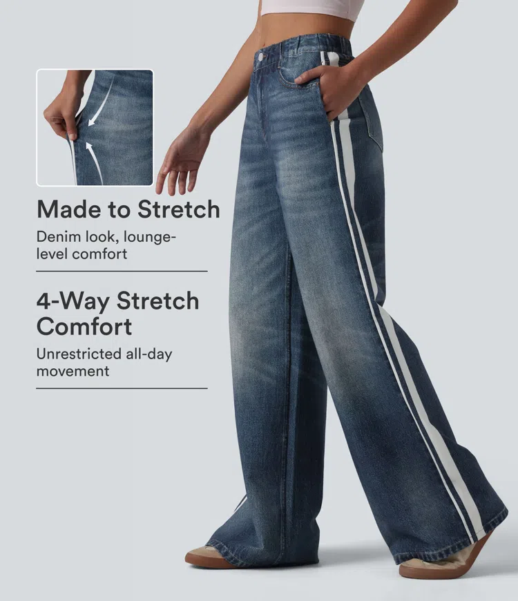 Mid Rise Denim Print French Terry Stripe Casual Sweatpants Jeans with Pockets