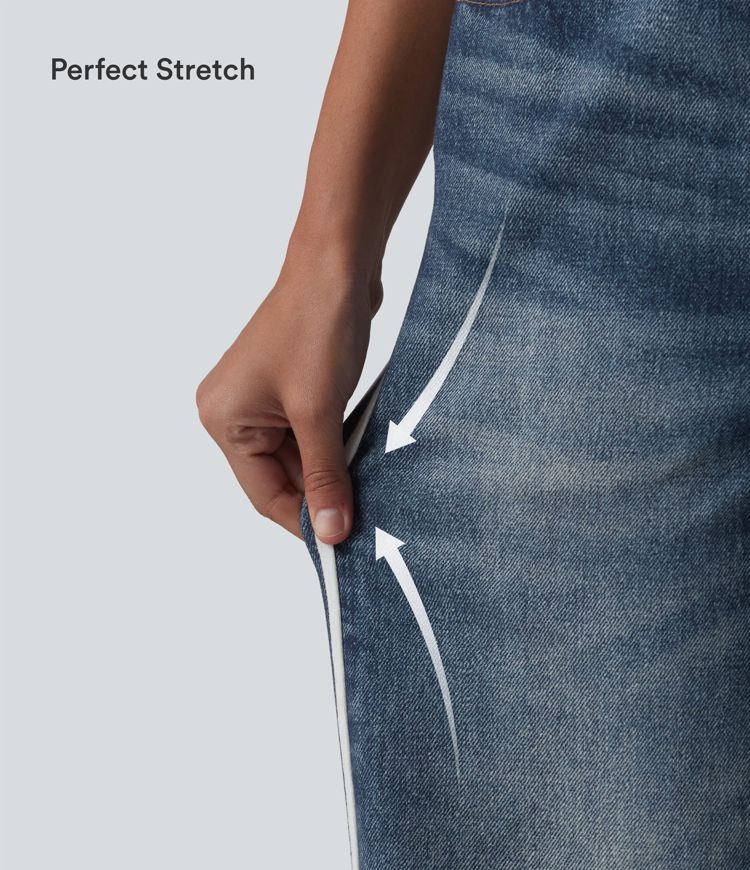 Mid Rise Denim Print French Terry Stripe Casual Sweatpants Jeans with Pockets