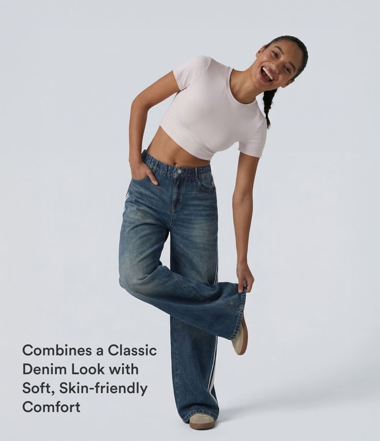 Mid Rise Denim Print French Terry Stripe Casual Sweatpants Jeans with Pockets