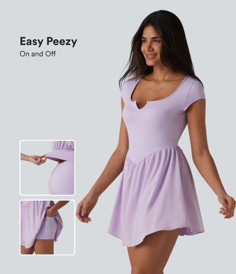 Notched Short Sleeve 2-in-1 Mini Tennis Active Dress with Pocket-Easy Peezy Edition