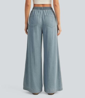 Mid Rise Drawstring Draped Lyocell Casual Baggy Jeans with Pockets