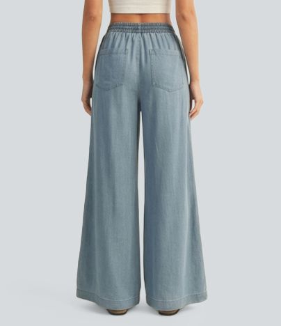 Mid Rise Drawstring Draped Lyocell Casual Baggy Jeans with Pockets