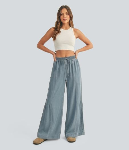 Mid Rise Drawstring Draped Lyocell Casual Baggy Jeans with Pockets