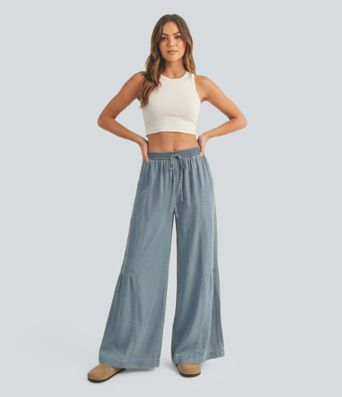 Mid Rise Drawstring Draped Lyocell Casual Baggy Jeans with Pockets