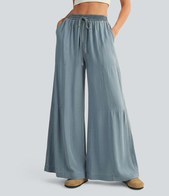 Mid Rise Drawstring Draped Lyocell Casual Baggy Jeans with Pockets