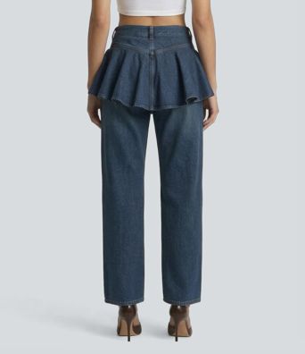 Halara Flex™ Mid Rise Ruffle 2-in-1 Casual Straight Leg Jeans with Pockets