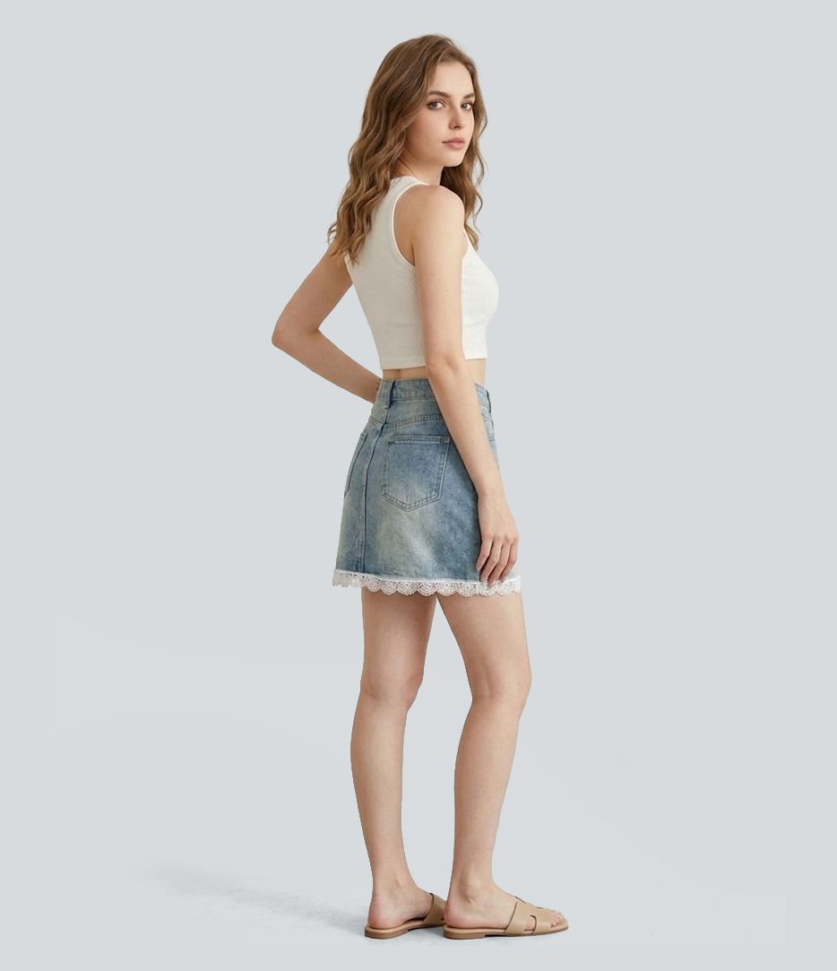 Halara Flex™ High Waisted Contrast Lace Denim Micro Mini Casual Skirt with Pockets