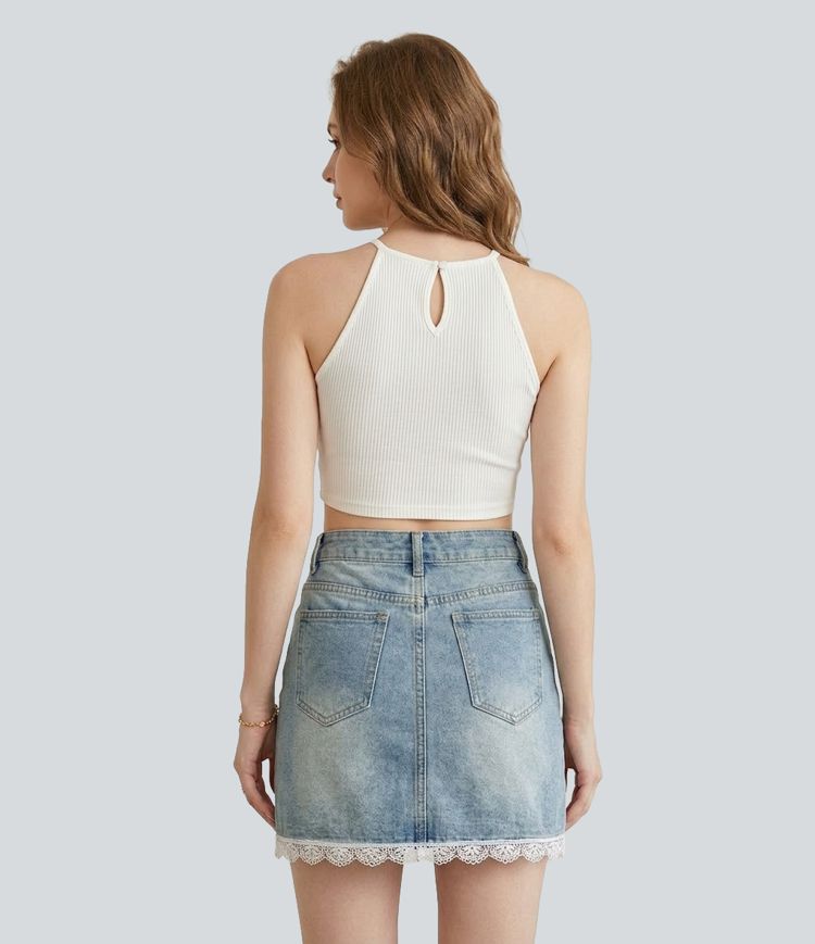 Halara Flex™ High Waisted Contrast Lace Denim Micro Mini Casual Skirt with Pockets