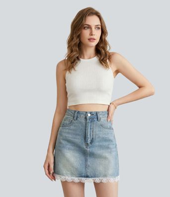 Halara Flex™ High Waisted Contrast Lace Denim Micro Mini Casual Skirt with Pockets