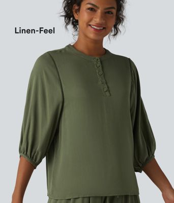 Henley Neck 3/4 Sleeve Linen-Feel Resort Blouse