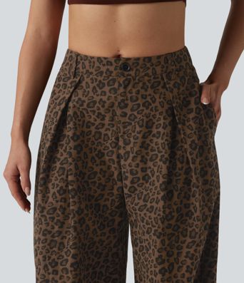 Mid Rise Wide Leg Baggy Leopard Print Casual Pants with Pockets