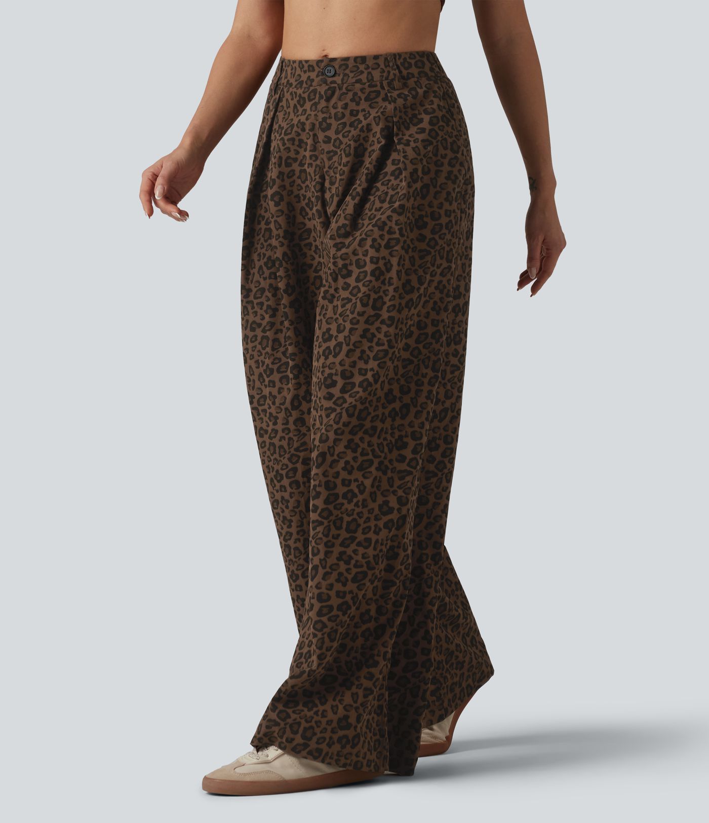 Mid Rise Wide Leg Baggy Leopard Print Casual Pants with Pockets