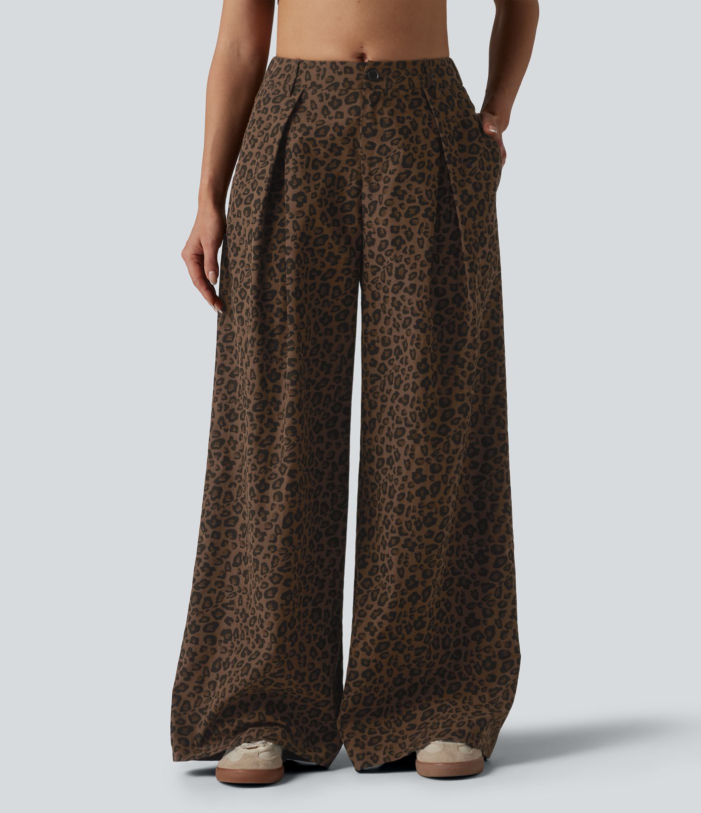 Mid Rise Wide Leg Baggy Leopard Print Casual Pants with Pockets