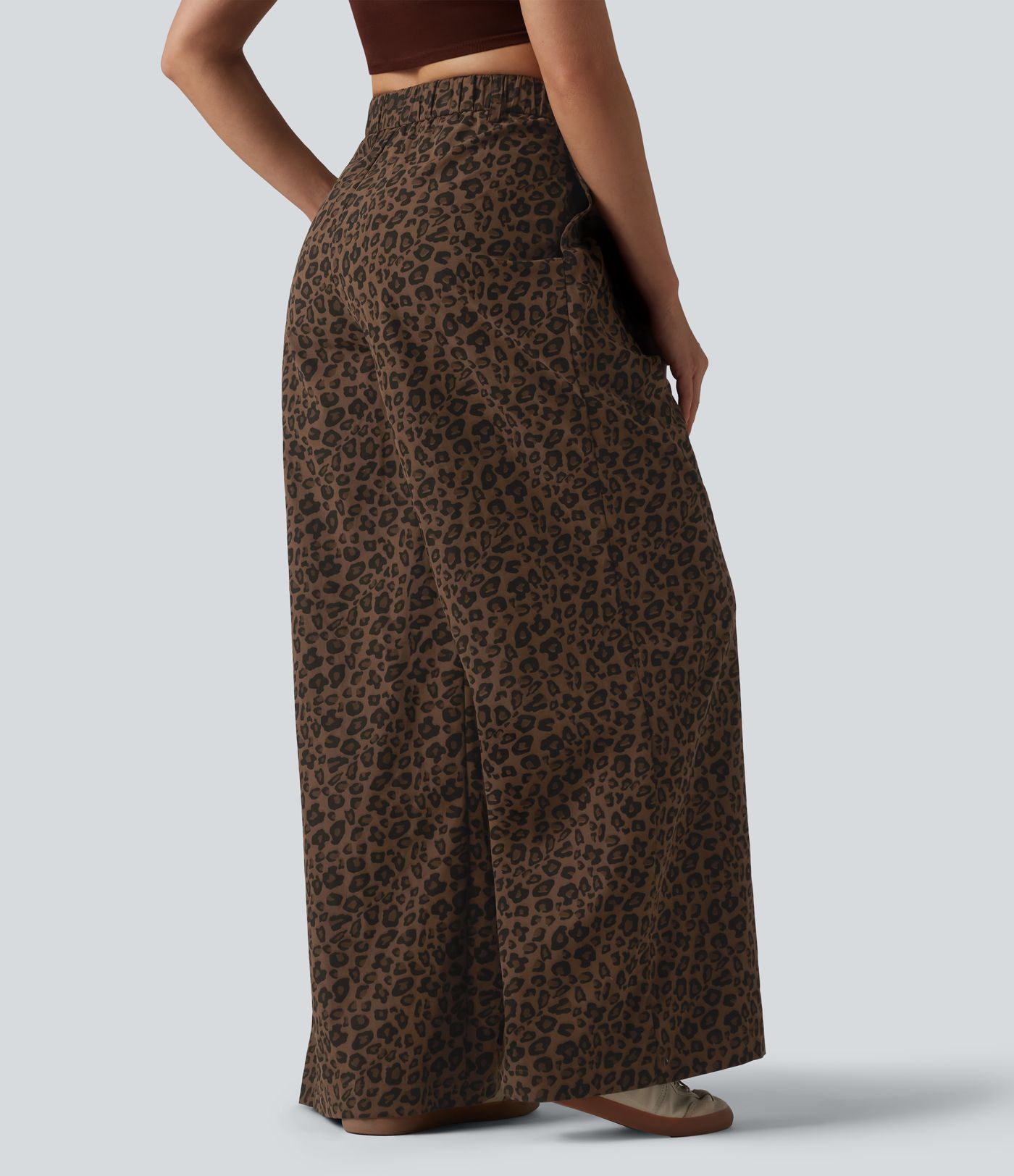 Mid Rise Wide Leg Baggy Leopard Print Casual Pants with Pockets