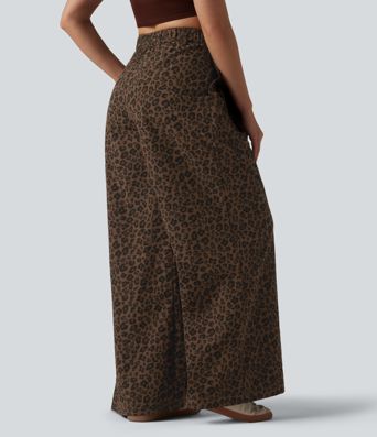 Mid Rise Wide Leg Baggy Leopard Print Casual Pants with Pockets