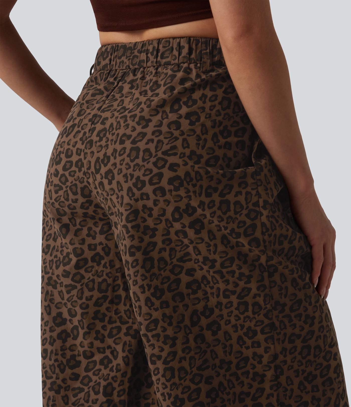 Mid Rise Wide Leg Baggy Leopard Print Casual Pants with Pockets