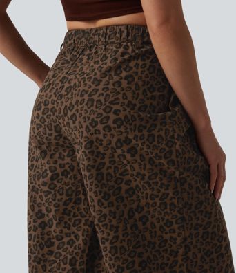 Mid Rise Wide Leg Baggy Leopard Print Casual Pants with Pockets