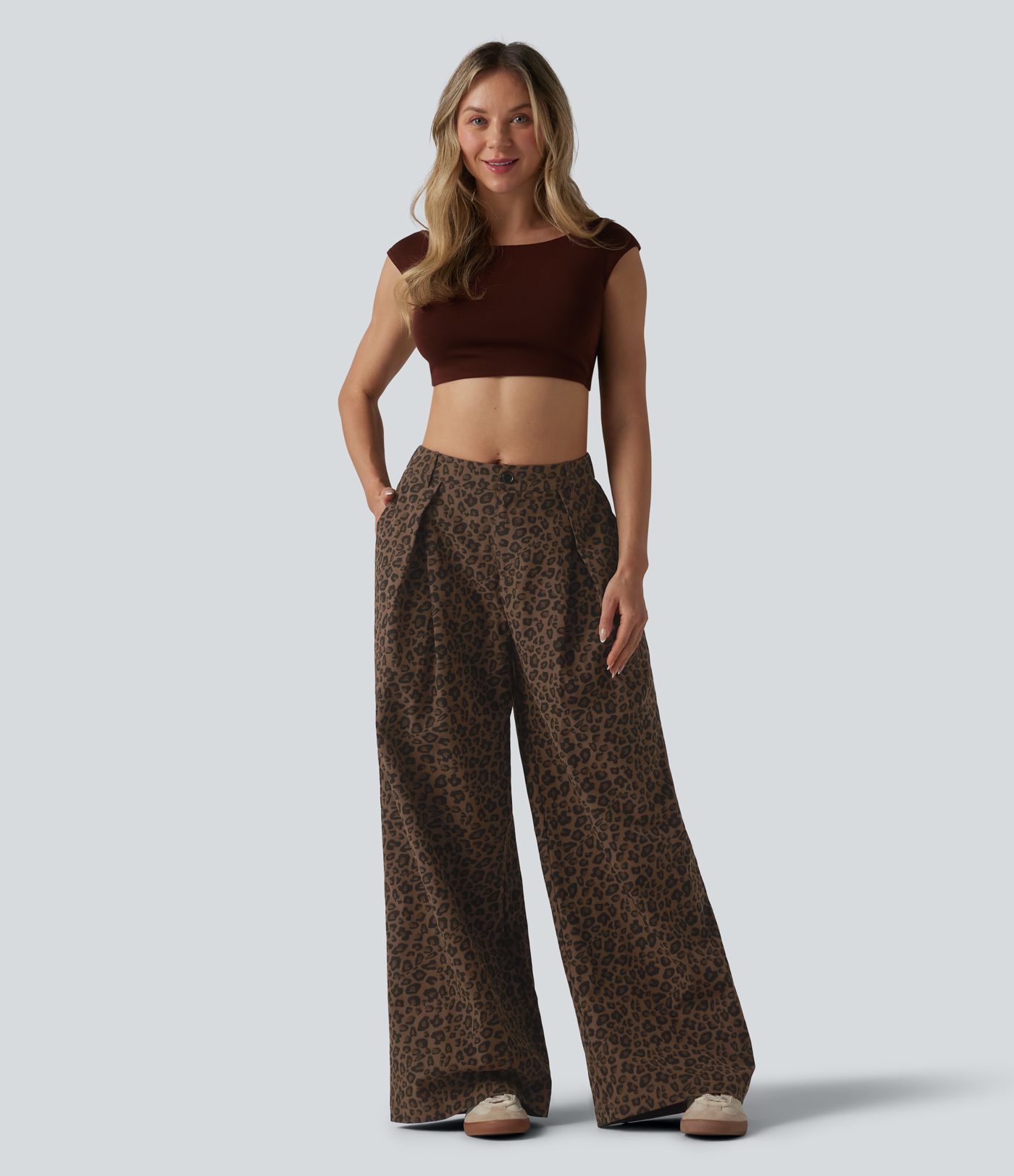 Mid Rise Wide Leg Baggy Leopard Print Casual Pants with Pockets