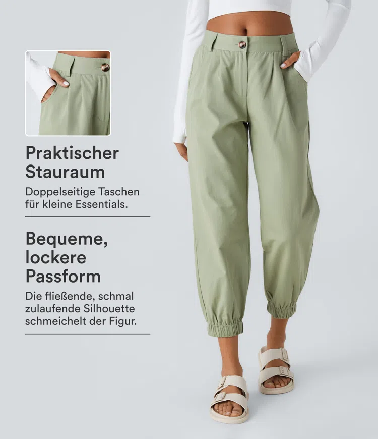Laurel Green Lässige Jogginghose mit mittelhohem Bund, Knopfleiste, Reißverschluss und Seitentasche / 1