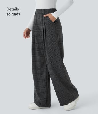 Pantalon taille haute décontracté large à carreaux, avec poches