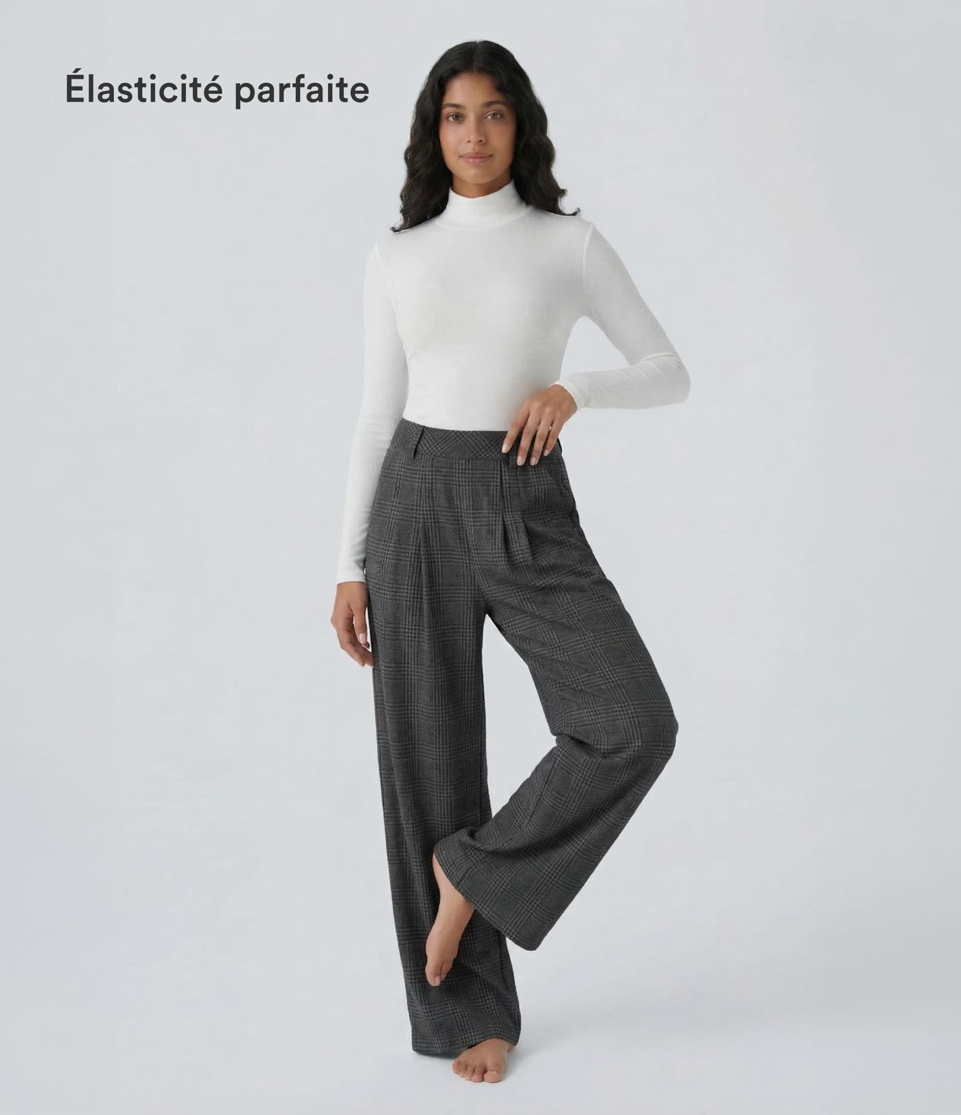 Pantalon taille haute décontracté large à carreaux, avec poches