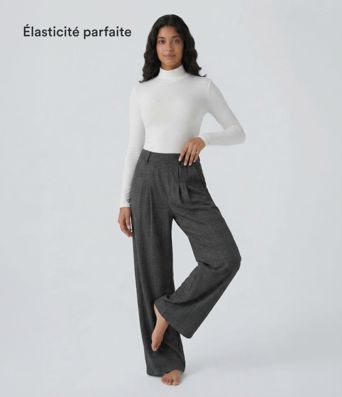 Pantalon taille haute décontracté large à carreaux, avec poches