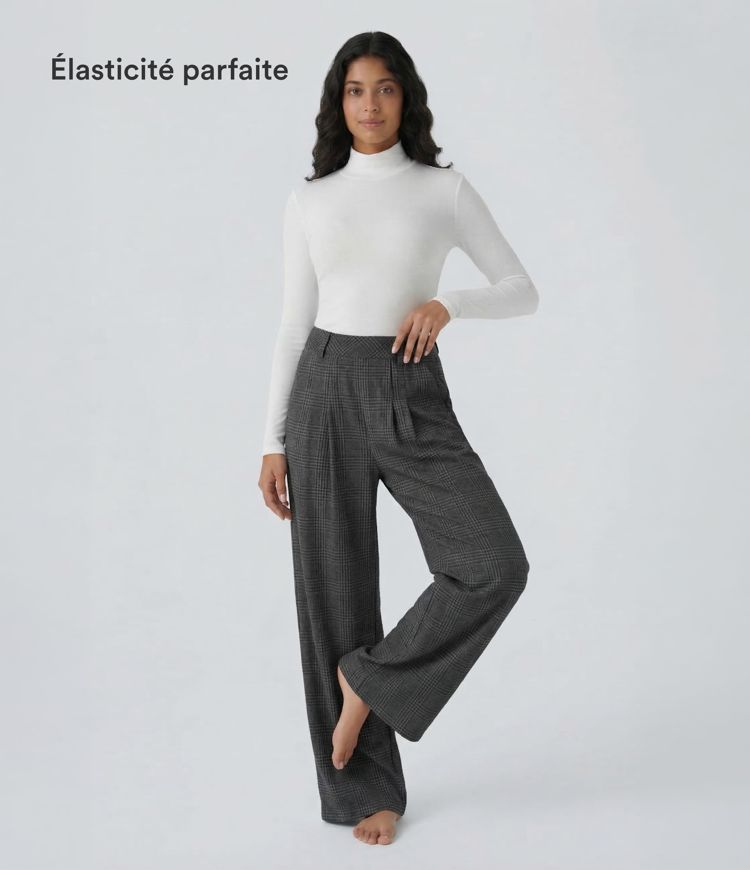 Pantalon taille haute décontracté large à carreaux, avec poches