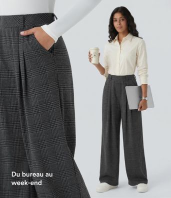 Pantalon taille haute décontracté large à carreaux, avec poches