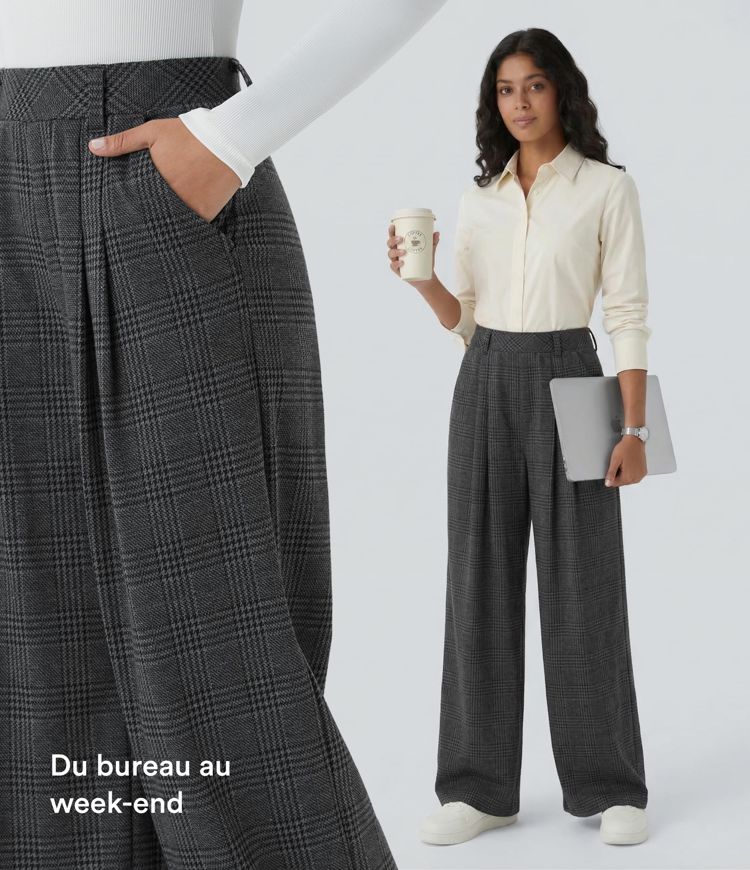Pantalon taille haute décontracté large à carreaux, avec poches