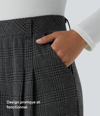 Pantalon taille haute décontracté large à carreaux, avec poches